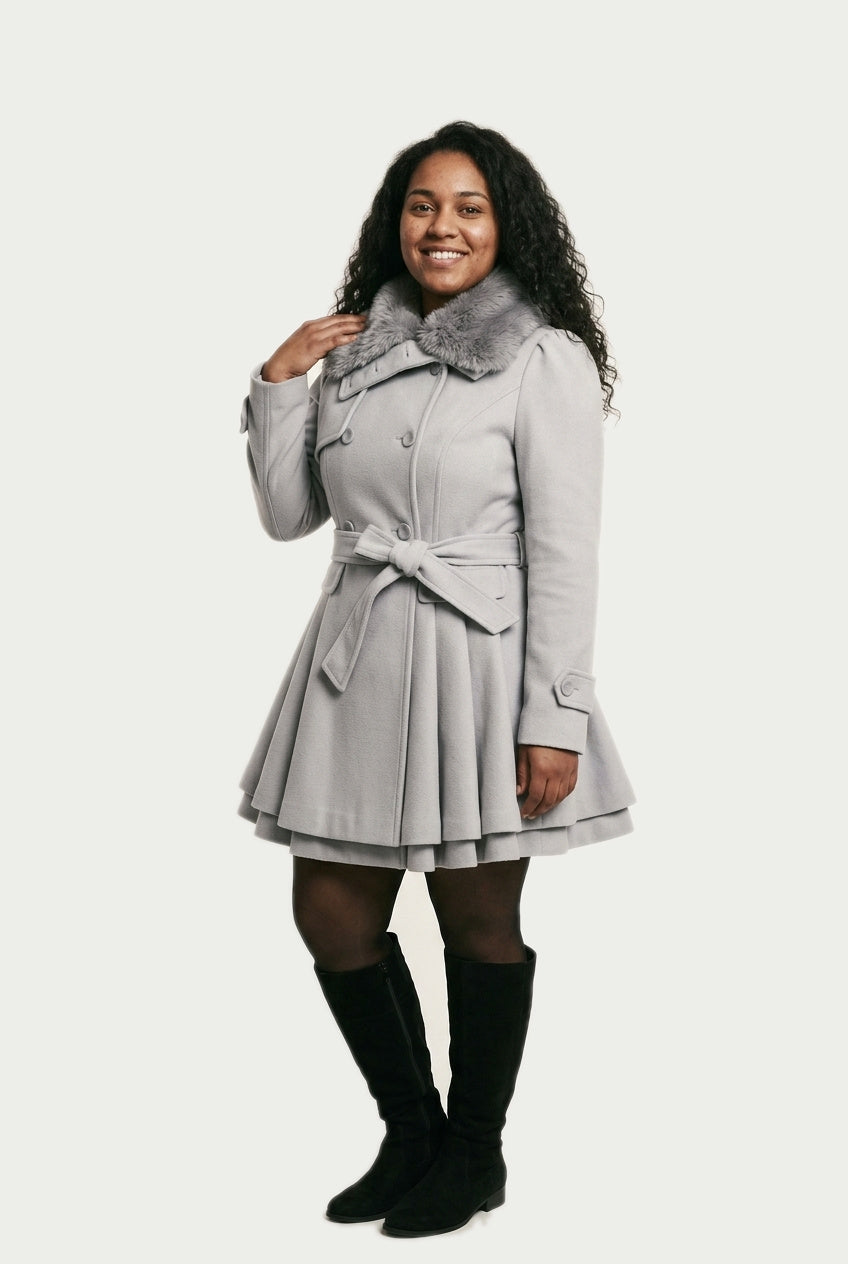 SOLTERI Giselle - Faux-Fur Collar Belted Swing Coat - Gray