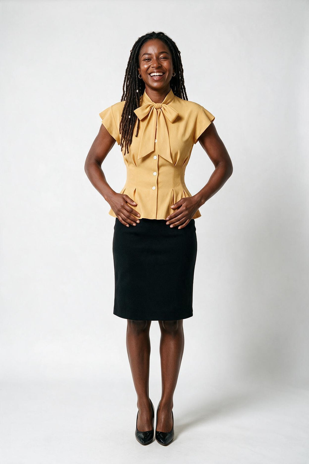 SOLTERI Ottilie - Pussy-Bow Peplum Blouse - Yellow