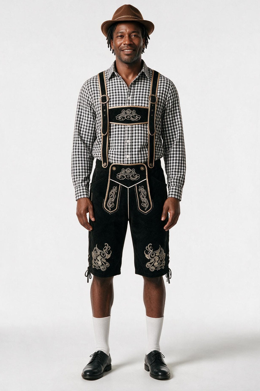 SOLTERI Sebastian - Three-Piece Trachten Set with Hat - Black Lederhosen / Black Check Shirt