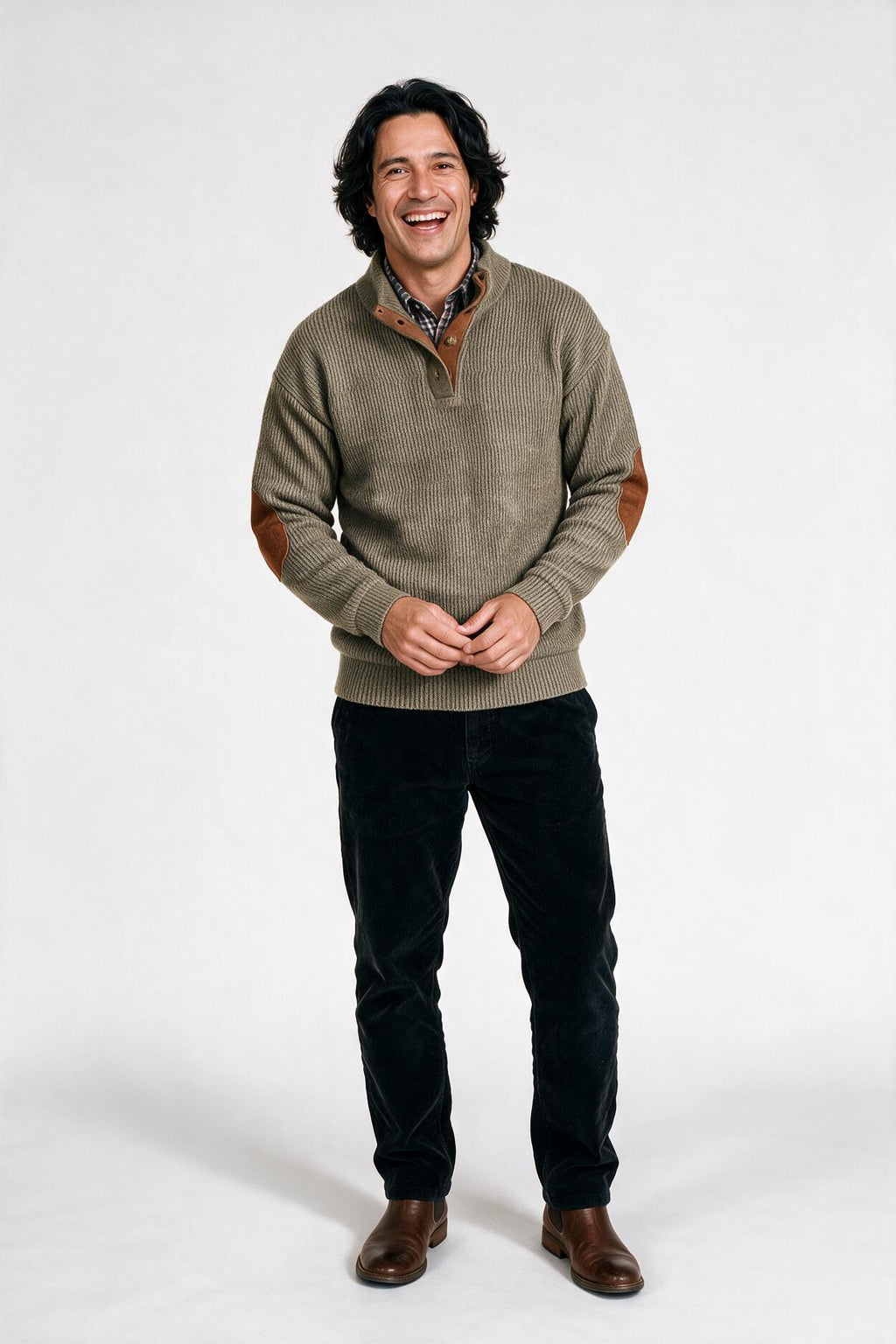 SOLTERI Pemberton - Elbow-Patch Button-Neck Sweater - Olive Green