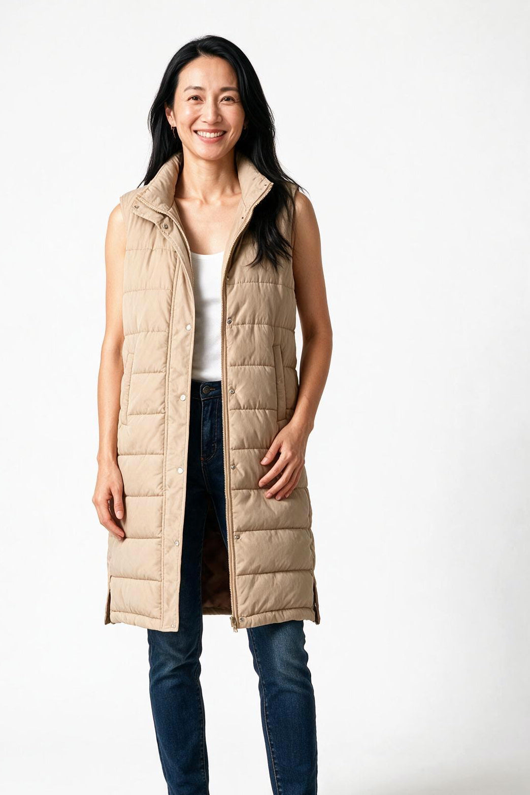 SOLTERI Sylvaine - Longline Padded Gilet - Beige