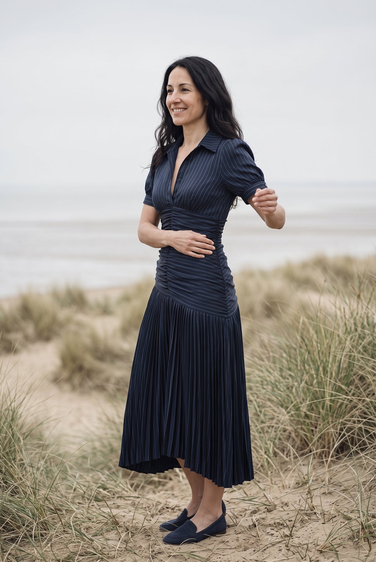 SOLTERI Valentina - Elegant Wedding Guest Midi Dress with Stripes