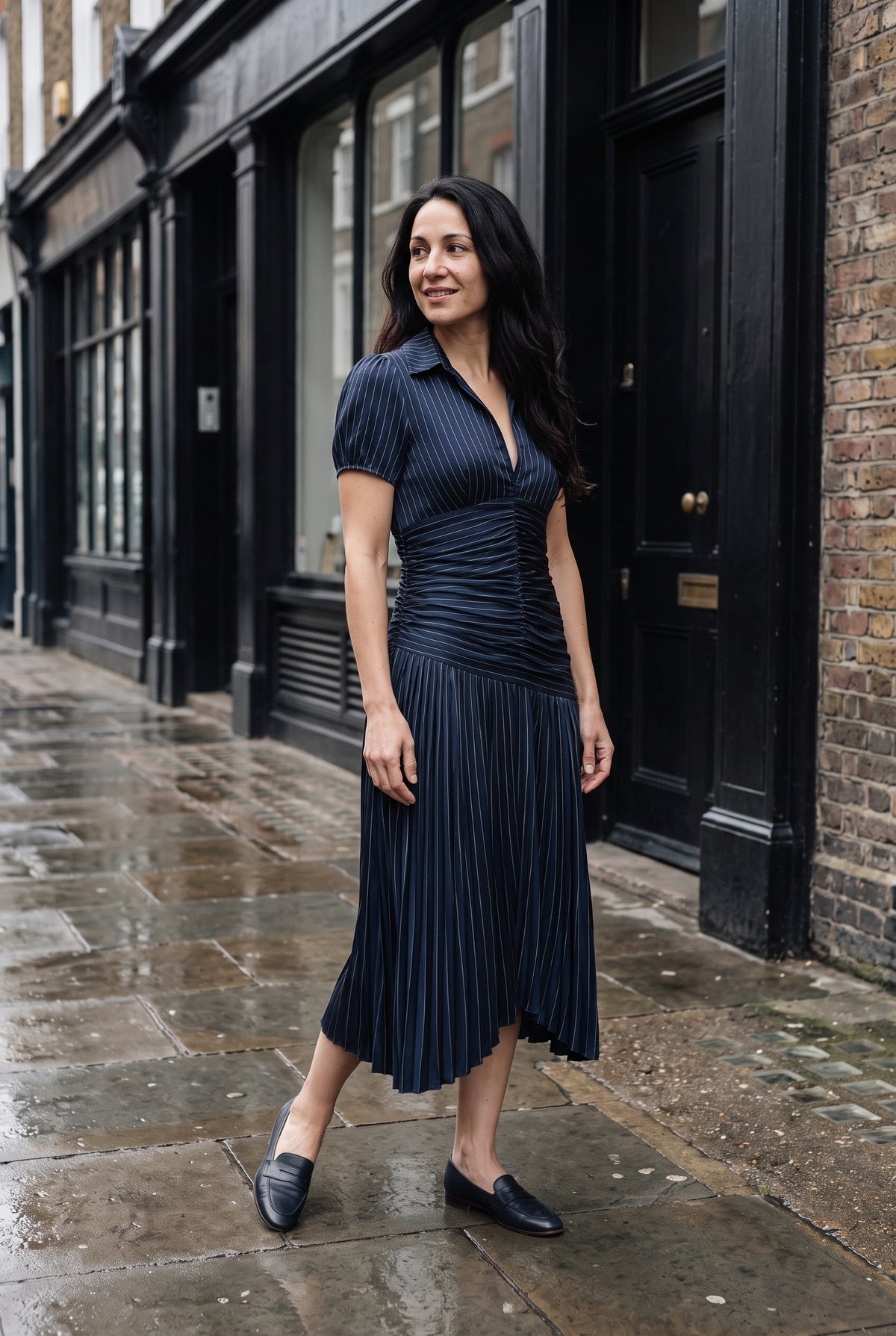 SOLTERI Valentina - Elegant Wedding Guest Midi Dress with Stripes