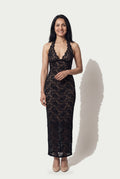 SOLTERI Vivienne - Black Lace Halter Backless Maxi Dress