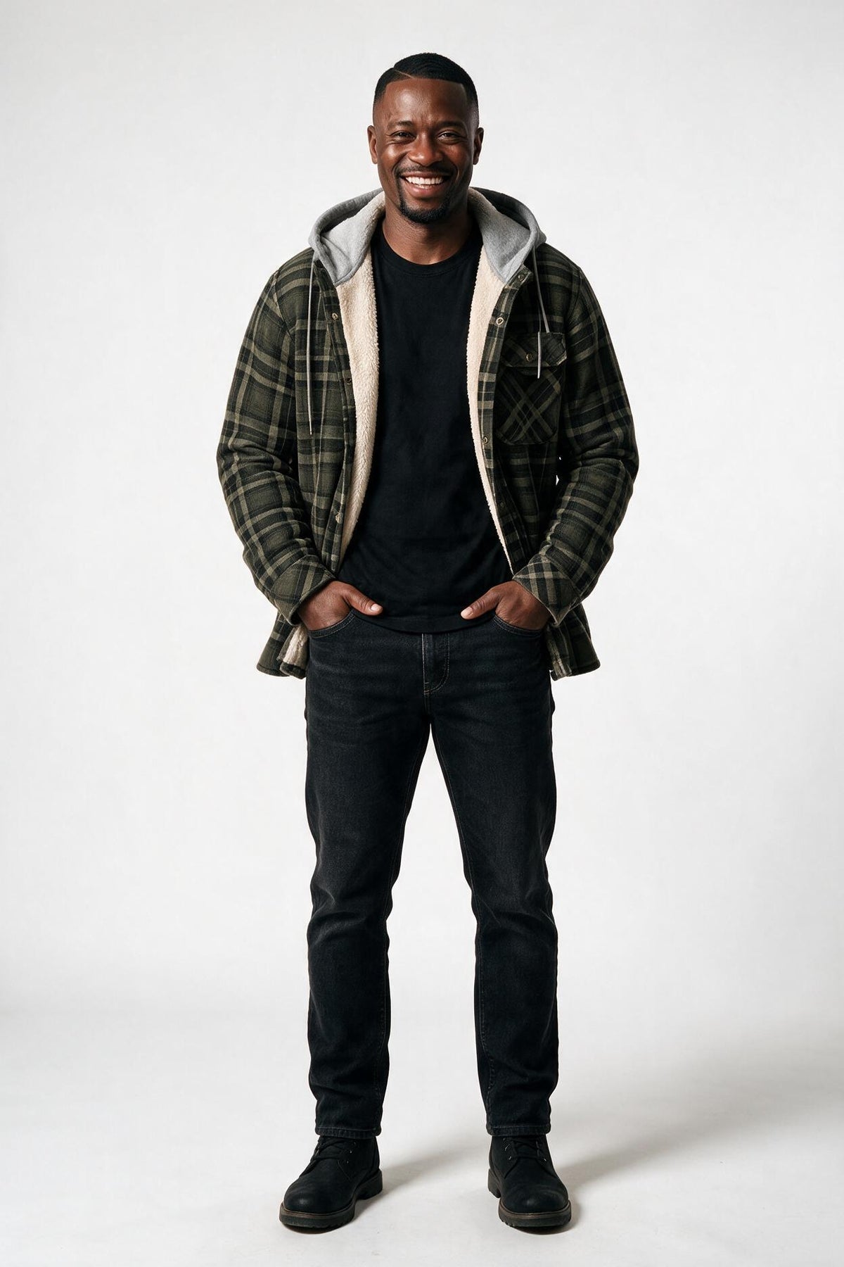 SOLTERI Bracken - Sherpa-Lined Hooded Plaid Jacket - Army Green