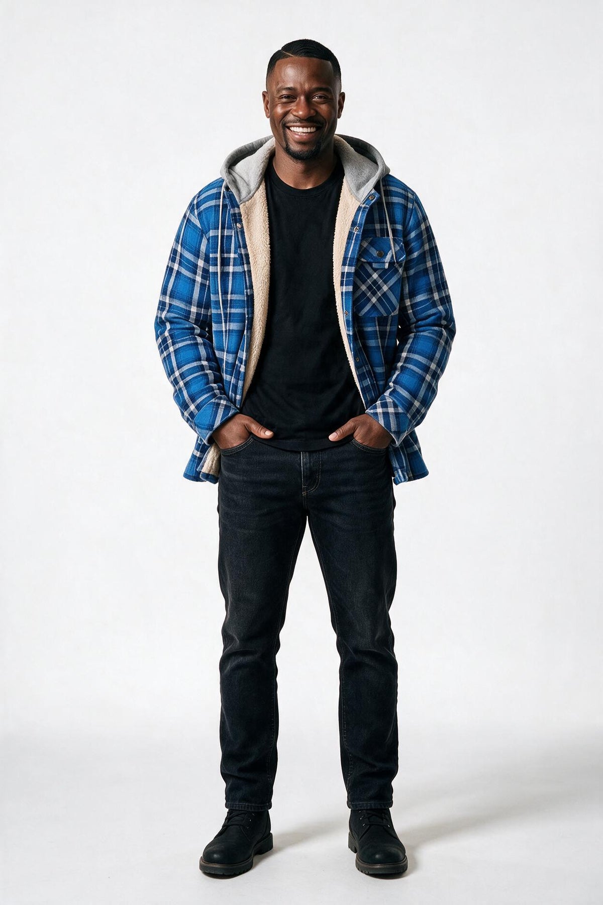 SOLTERI Bracken - Sherpa-Lined Hooded Plaid Jacket - Blue