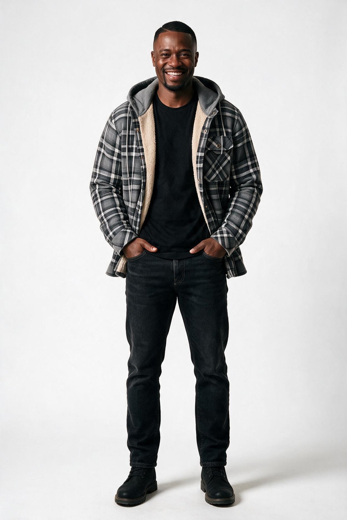 SOLTERI Bracken - Sherpa-Lined Hooded Plaid Jacket - Gray