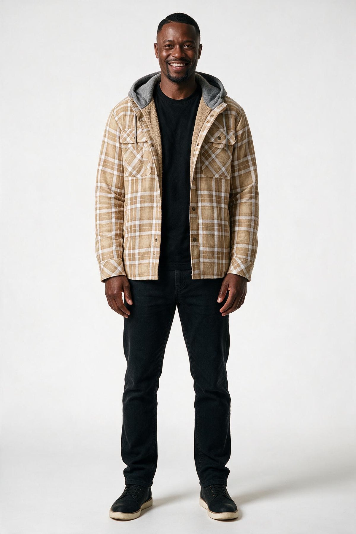 SOLTERI Bracken - Sherpa-Lined Hooded Plaid Jacket - Khaki