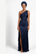 SOLTERI Zelie - One-Shoulder Satin Maxi Dress - Navy