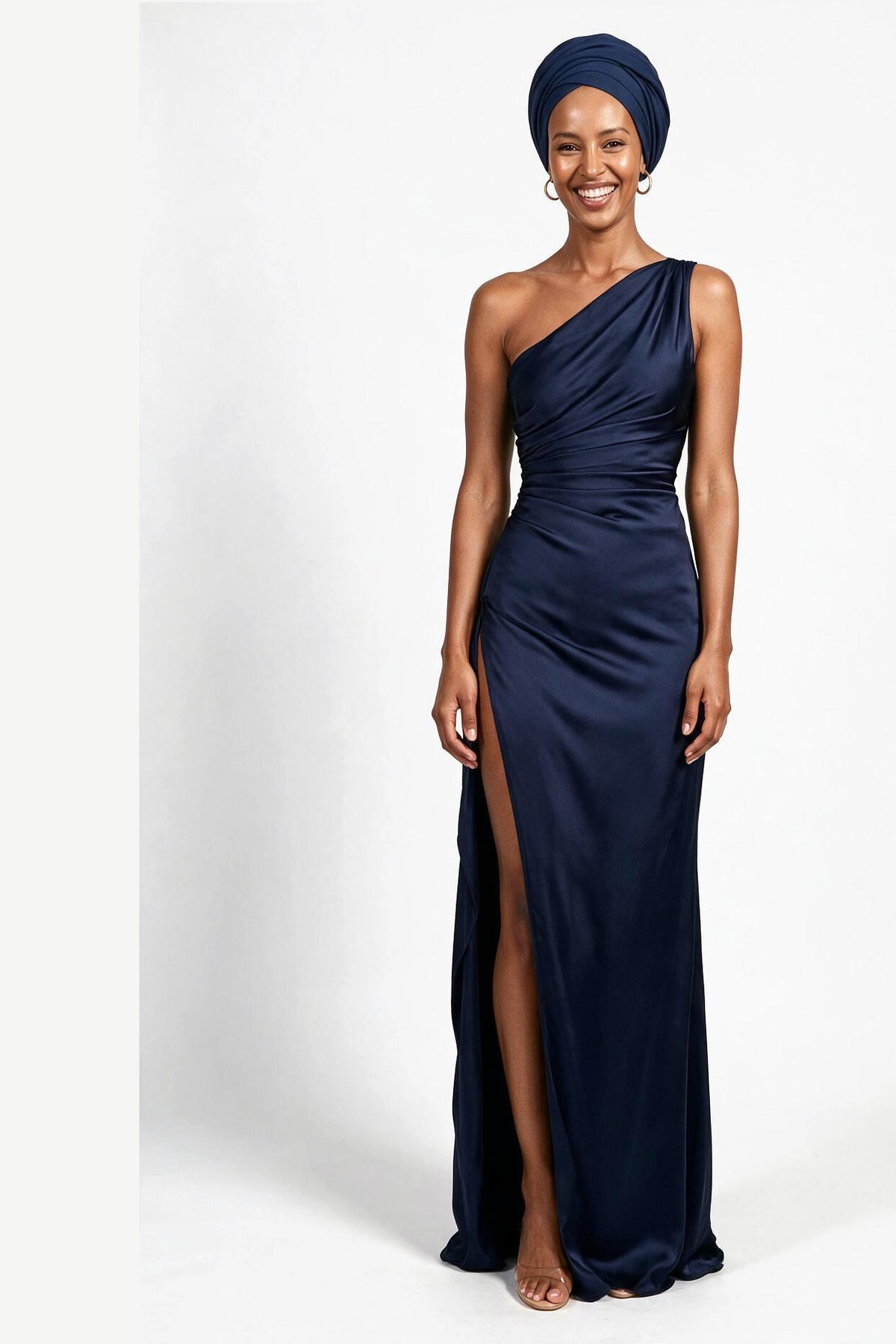 SOLTERI Zelie - One-Shoulder Satin Maxi Dress - Navy