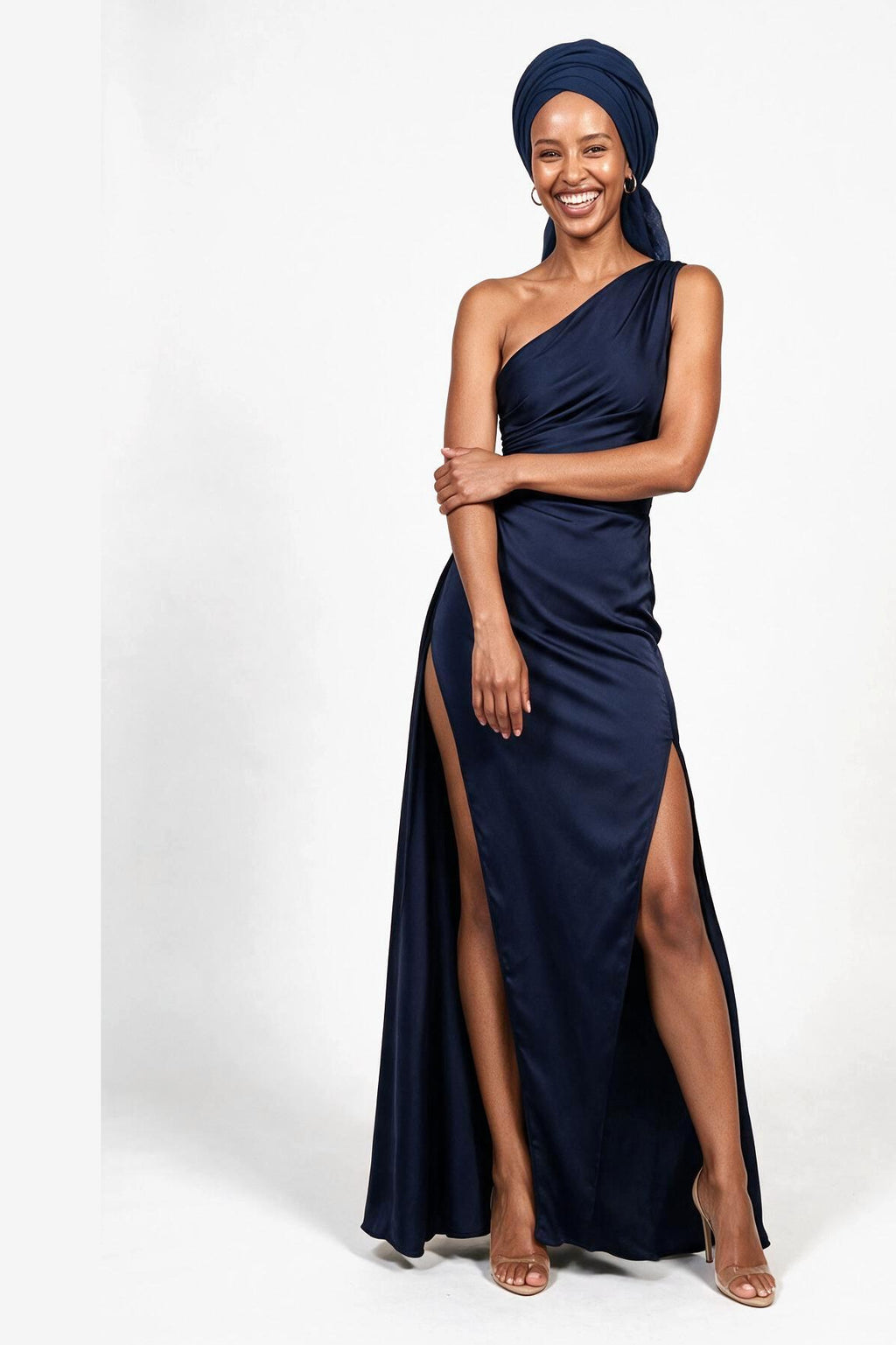 SOLTERI Zelie - One-Shoulder Satin Maxi Dress - Navy