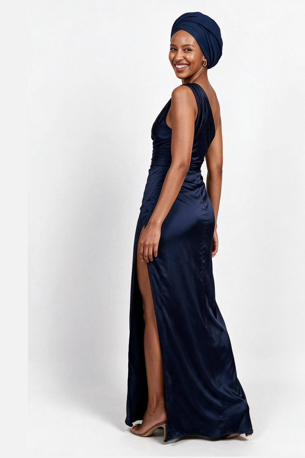 SOLTERI Zelie - One-Shoulder Satin Maxi Dress - Navy